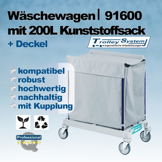 Wschewagen 200l I Kunststoff-Sack & Deckel I 91600 I Trolley-System