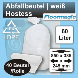 Abfallbeutel LDPE 60l Hostess wei 385x245x850, 40 Sack pro Rolle I Floormagic