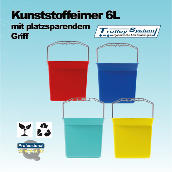 Kunststoffeimer fr Reinigungswagen 4 Stck a.6l, rot & blau, grn, gelb I Trolley-System