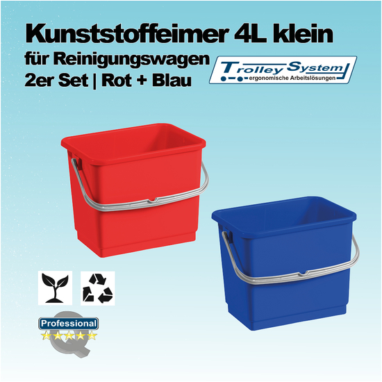 Kunststoffeimer 4l klein fr Reinigungswagen 2 Stck rot & blau I Trolley-System