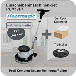 Profi Einscheibenmaschine 17" + 5 weiße Superpads I PEM17P1 I Floormagic