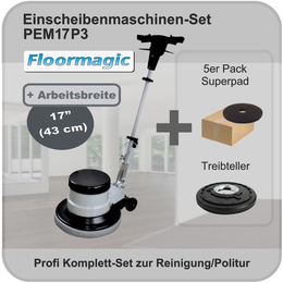 Profi Einscheibenmaschine 17" + 5 braune Superpads I PEM17P3 I Floormagic