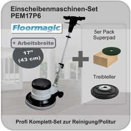 Profi Einscheibenmaschine 17" + 5 grüne Superpads I PEM17P6 I Floormagic