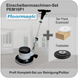 Profi Einscheibenmaschine 16" + 5 weiße Superpads I PEM16P1 I Floormagic
