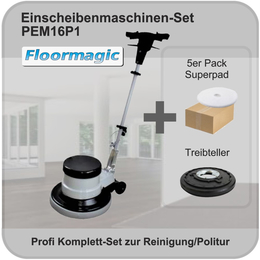 Profi Einscheibenmaschine 16" + 5 weie Superpads I PEM16P1 I Floormagic