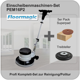 Profi Einscheibenmaschine 16" + 5 beige Superpads I PEM16P2 I Floormagic