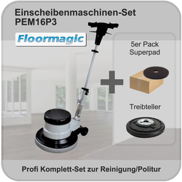 Profi Einscheibenmaschine 16" + 5 braune Superpads I PEM16P3 I Floormagic