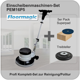 Profi Einscheibenmaschine 16" + 5 blaue Superpads I PEM16P5 I Floormagic