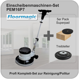 Profi Einscheibenmaschine 16" + 5 schwarze Superpads I PEM16P7 I Floormagic