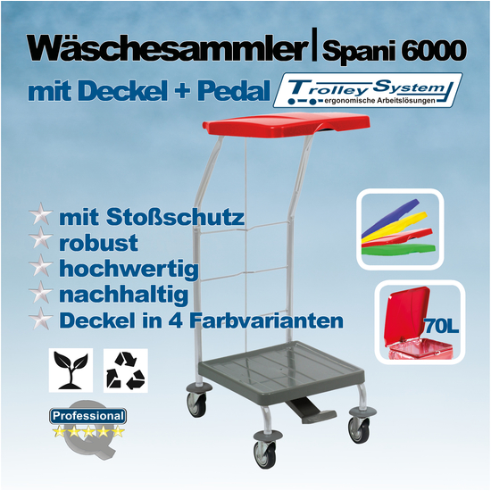 Wäschesammler Spani 6000 I mit Deckel & Pedal I Trolley-System