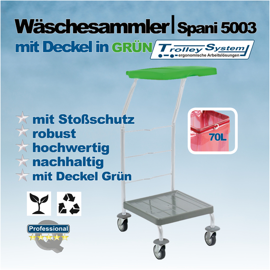 Wäschesammler Spani 5003 mit grünem Deckel I 70l I Trolley-System