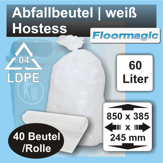 Abfallbeutel LDPE 60 l Hostess weiß 385 x 245 x 850, 40 Sack pro Rolle