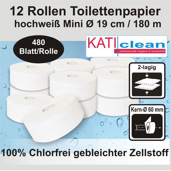 12 Rollen Toilettenpapier 2-lagig, ø19 cm, hochweiß Mini, 180m I katiclean