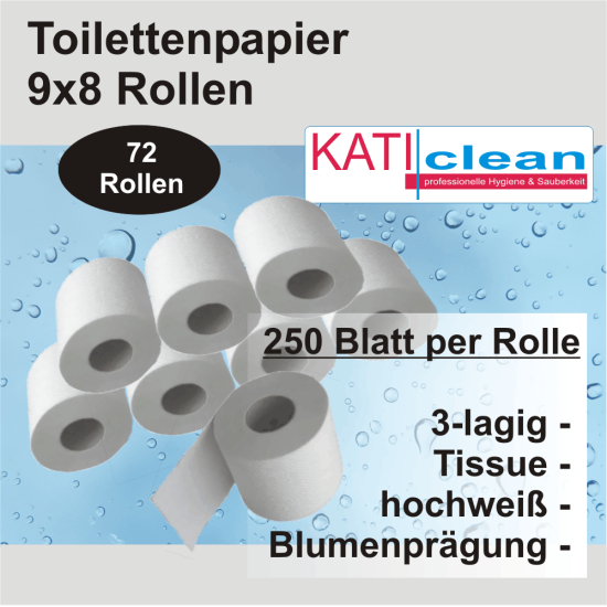 Toilettenpapier 3-lagig 72 Rollen - 250 Blatt Zellstoff Großpackung