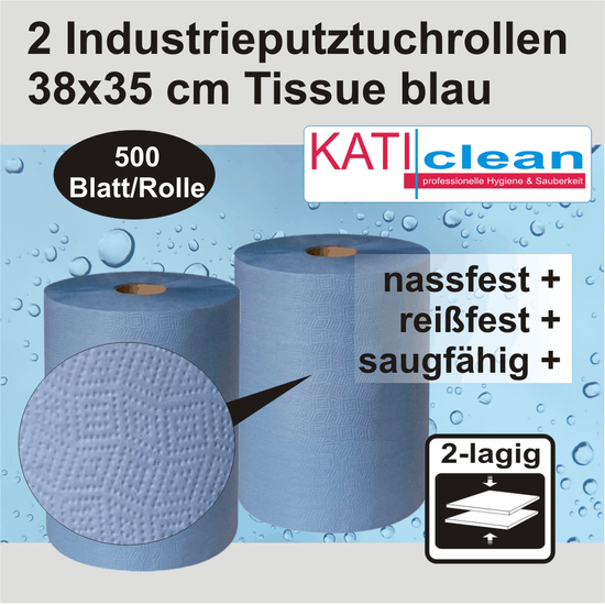 2 Industrieputztuchrollen 38x35cm Tissue blau 2lg, 500 Tcher I katiclean