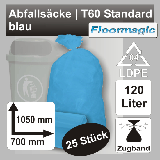 Abfallsäcke 120 Liter T 60 Standard blau mit Zugband 25 Stück