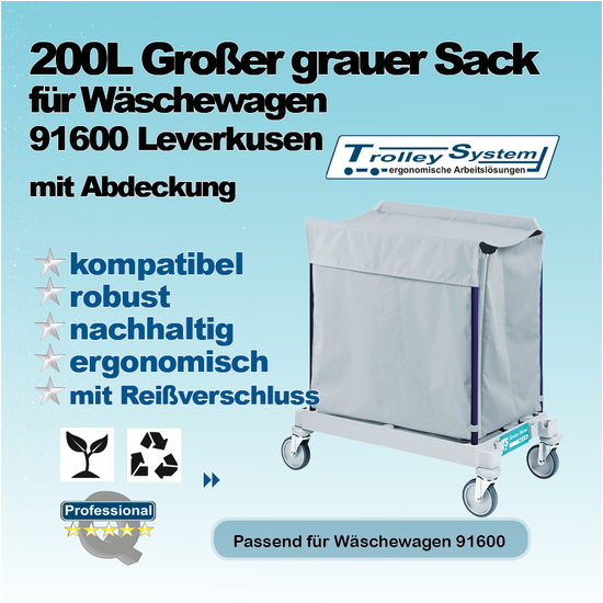 Groer grauer Sack 200l mit Abdeckung fr 916 Leverkusen I Trolley-System