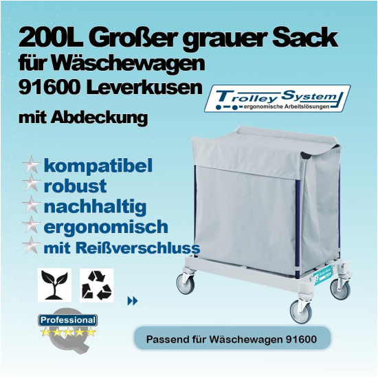 Großer grauer Sack 200 l mit Abdeckung für 916 Leverkusen Trolley-System