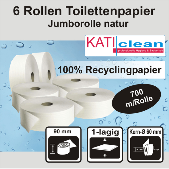 6 Toilettenpapier Jumbo Rolle 1lag. natur 700m lang I katiclean