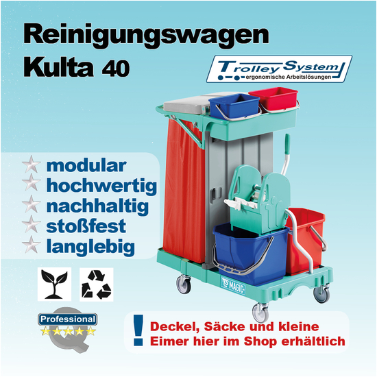 Reinigungswagen Kulta 40 aus hochwertigen Kunststoff mit Presse I Trolley-System