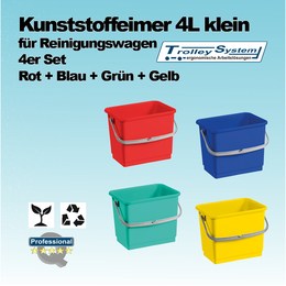 Kunststoffeimer 4l klein für Reinigungswagen 4 Stück rot & blau, grün, gelb I Trolley-System