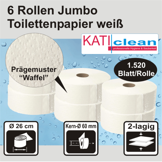 Toilettenpapier Jumbo Rolle 2-lagig weiß - 6 Rollen à 360 m