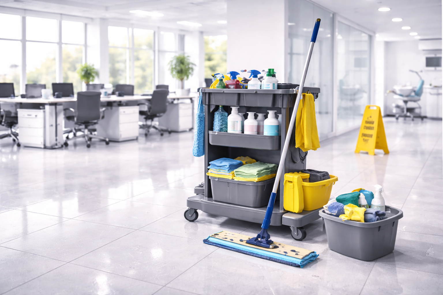 Professionelles Bodenreinigungssystem im Gewerbe mit Mopp, Dosierung und großer Arbeitsfläche