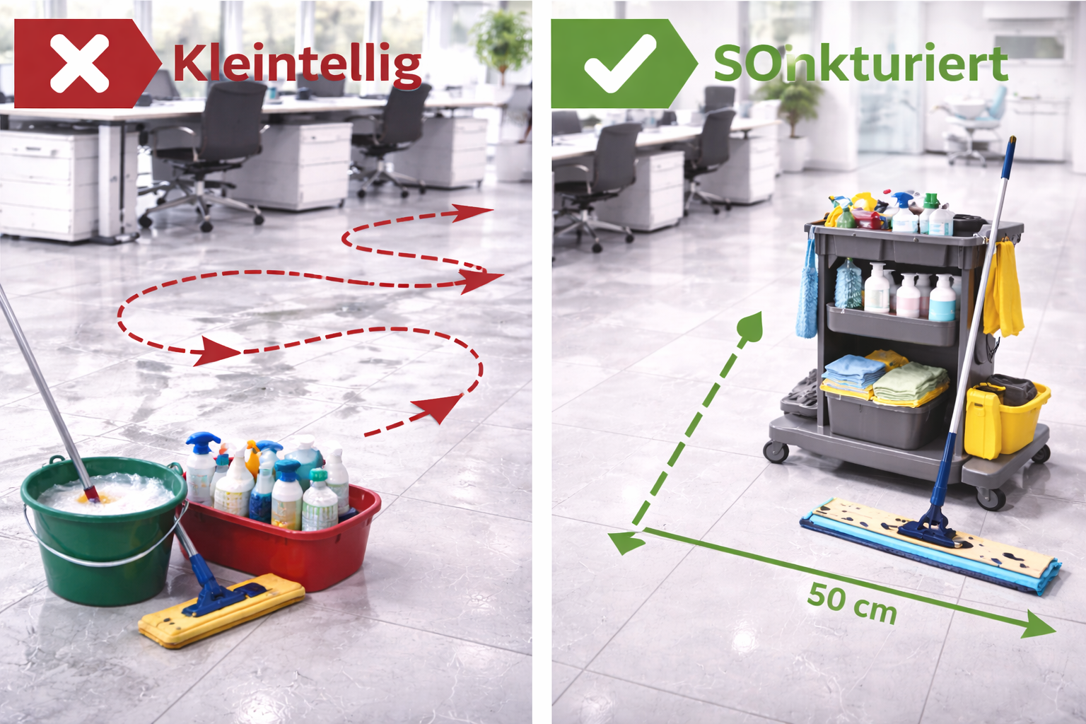 Vergleich zwischen kleinem Bodenreinigungssystem und professionellem 50 cm System