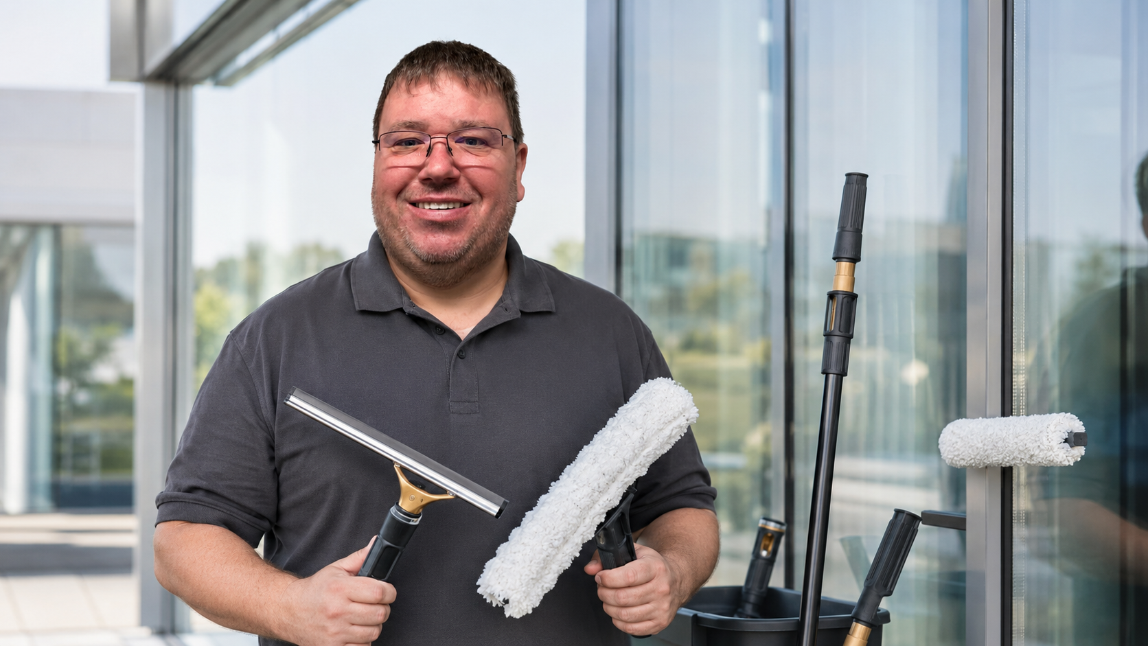 Fenstergriffe für professionelle Glasreinigung mit Abzieher und Einwascher