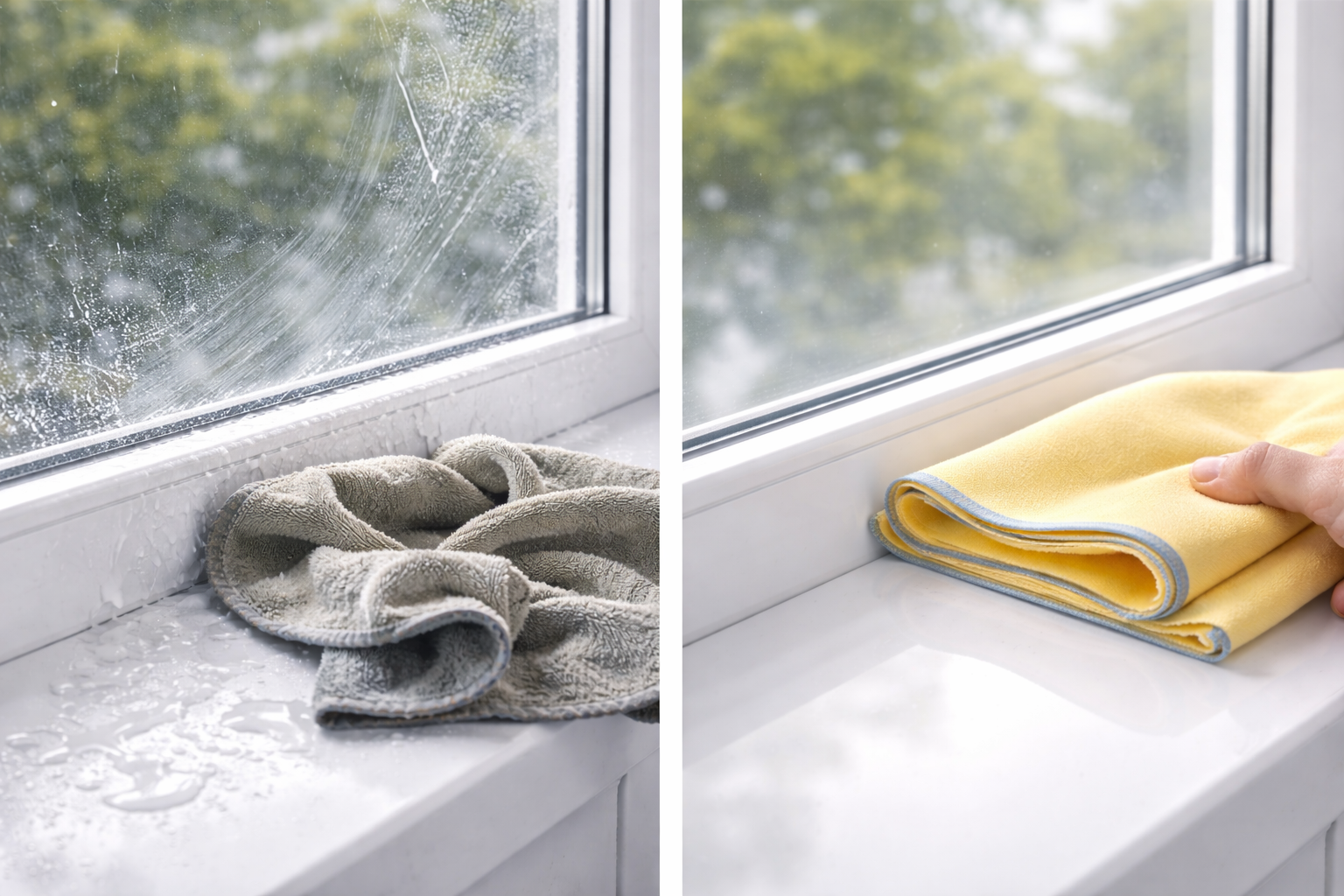 Vergleich unruhige Nacharbeit mit falschem Tuch gegenüber professionellem Finish mit Fensterleder