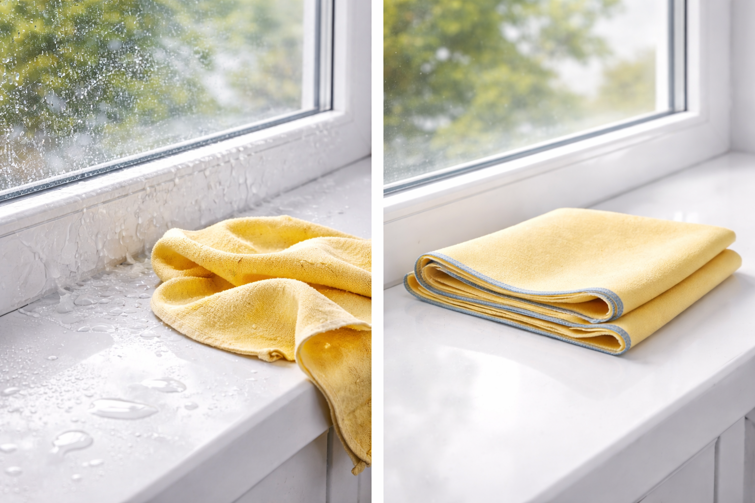 Vergleich falsche und richtige Nacharbeit mit Fensterleder bei der Glasreinigung