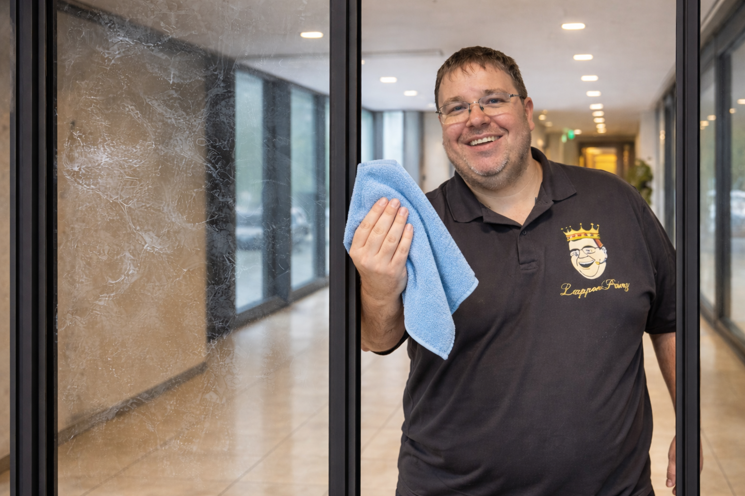 LappenPrinz mit professionellem Fenstertuch für schlierenfreie Glasreinigung im gewerblichen Einsatz