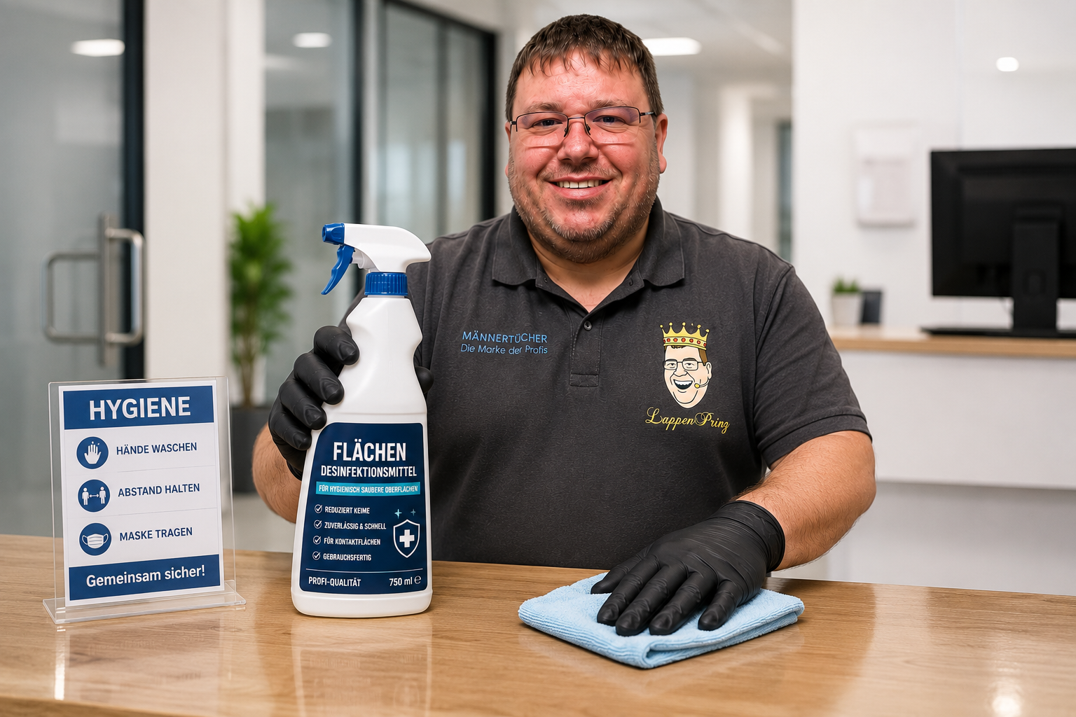 LappenPrinz mit Flächendesinfektionsmittel für Gewerbe Kontaktflächen und Hygiene