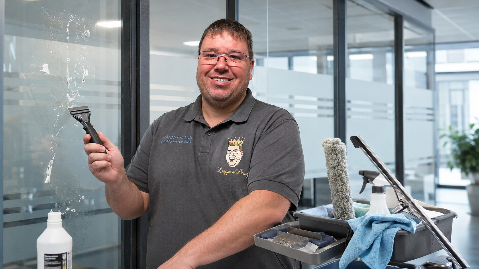 LappenPrinz mit Glasschaber für professionelle Glasreinigung und Entfernung von Kleberesten im Gewerbe