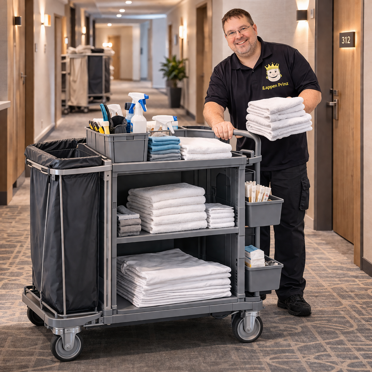 LappenPrinz mit professionellem Hotelwagen für strukturiertes Housekeeping im gewerblichen Einsatz