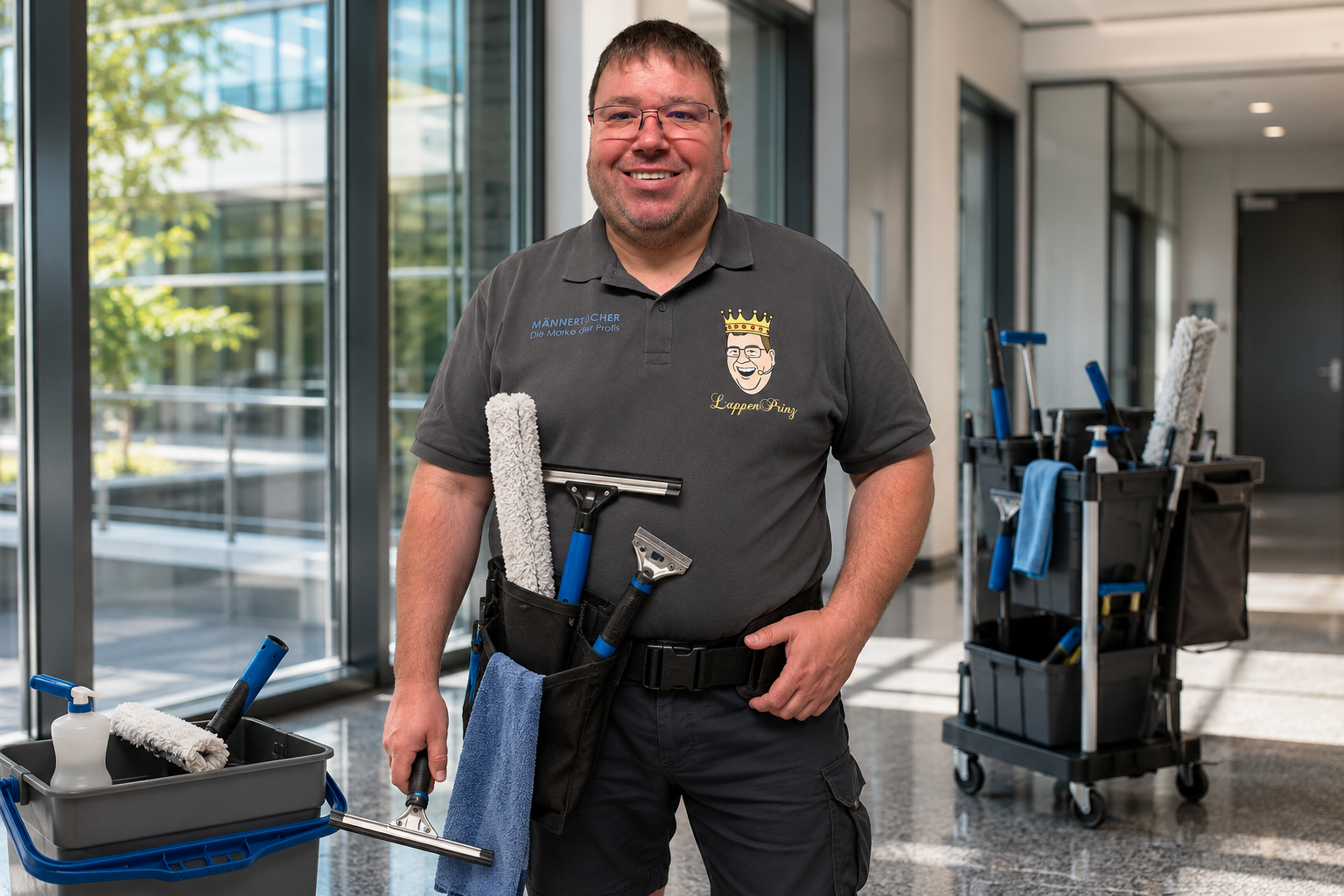 LappenPrinz mit Köcher und Hüftgürtel für professionelle Fensterreinigung und Glasreinigung im Gewerbe