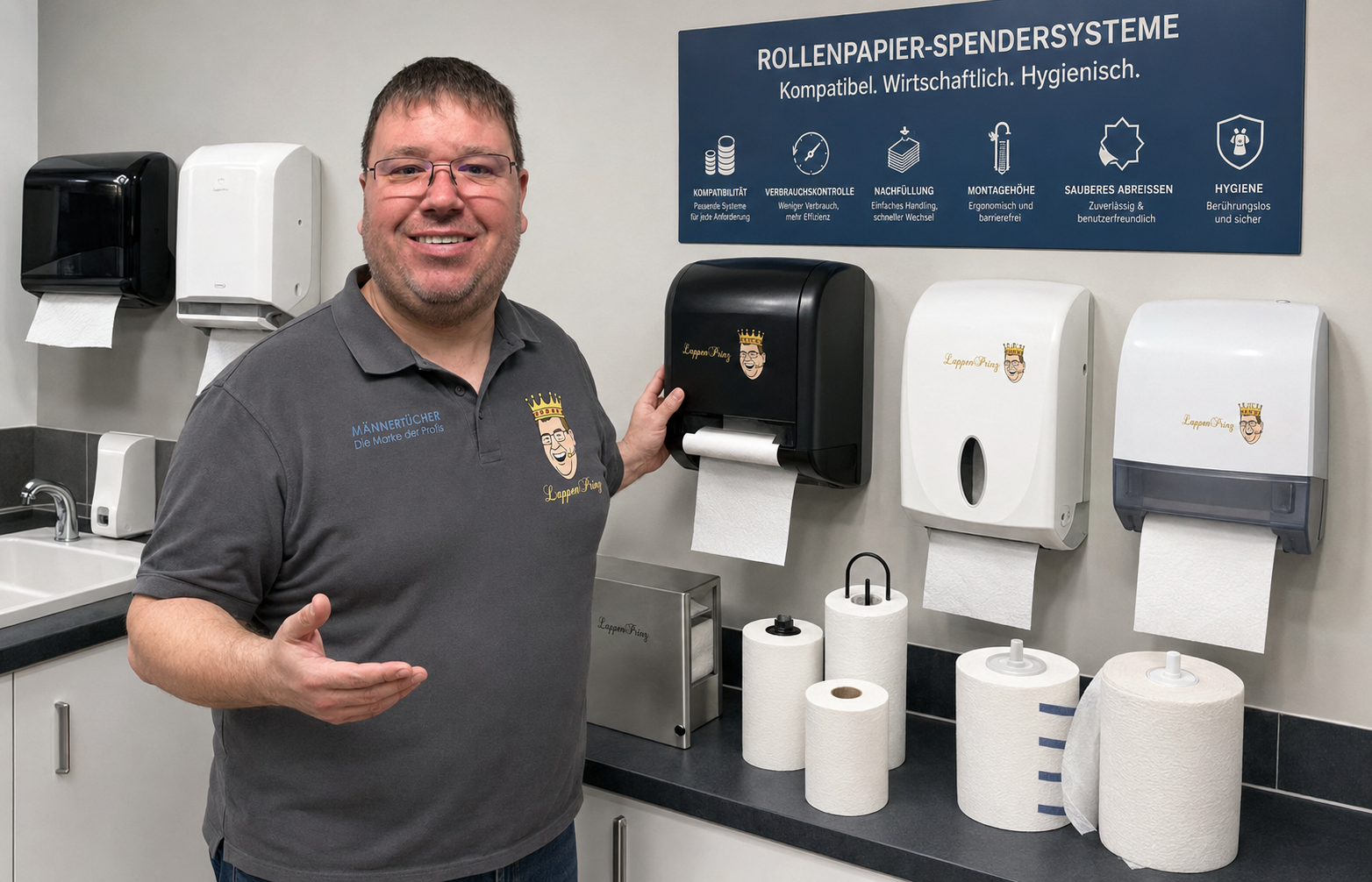 LappenPrinz zeigt Handtuchspender für Rolle für Sanitärbereiche und Betrieb