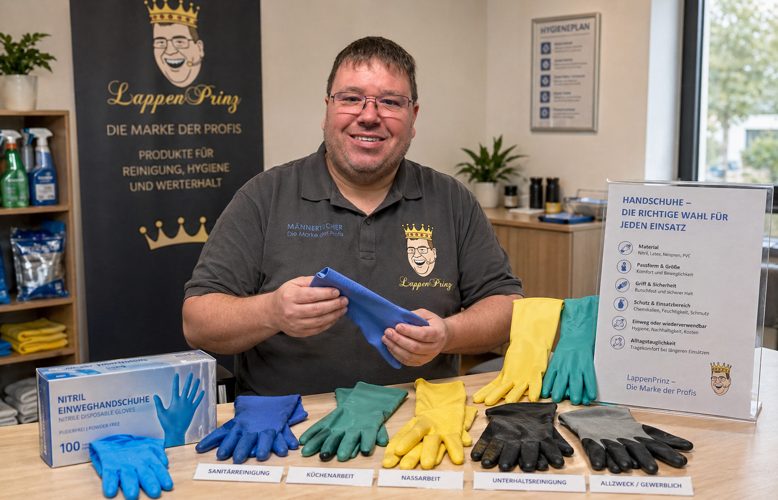 LappenPrinz zeigt passende Handschuhe für Reinigung, Betrieb und Sanitärbereiche