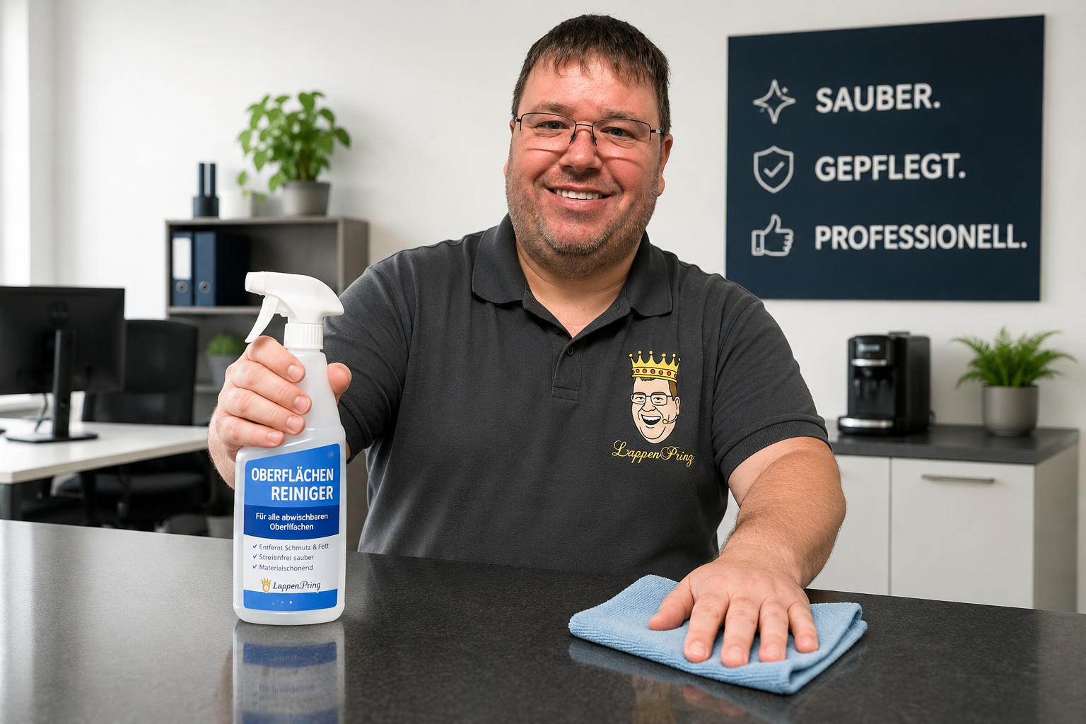 LappenPrinz mit Oberflächenreiniger für Gewerbe Arbeitsflächen Möbel und Geräte