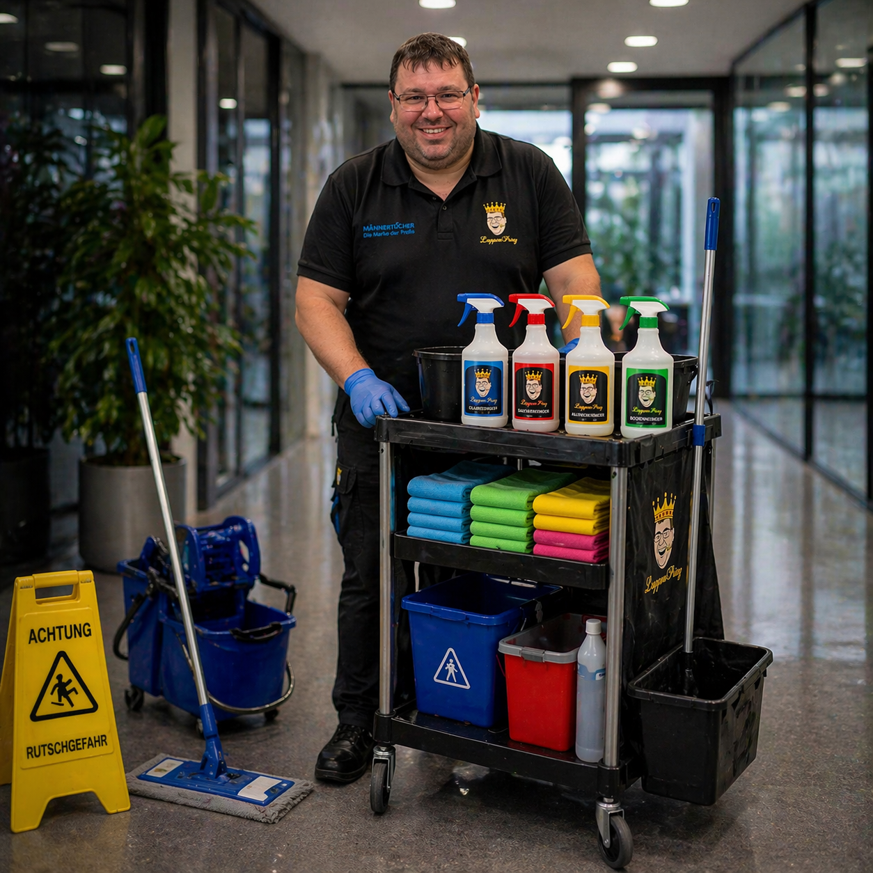 Reinigungsbedarf als System mit Reinigungswagen, Tüchern, Mopps und Reinigungsmitteln