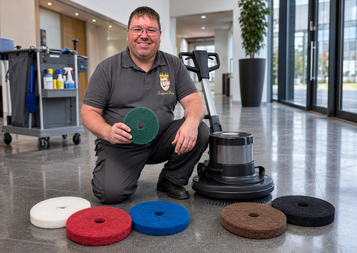Reinigungspads 180 mm 7 Zoll für professionelle Bodenreinigung mit LappenPrinz, Einscheibenmaschine und Reinigungswagen