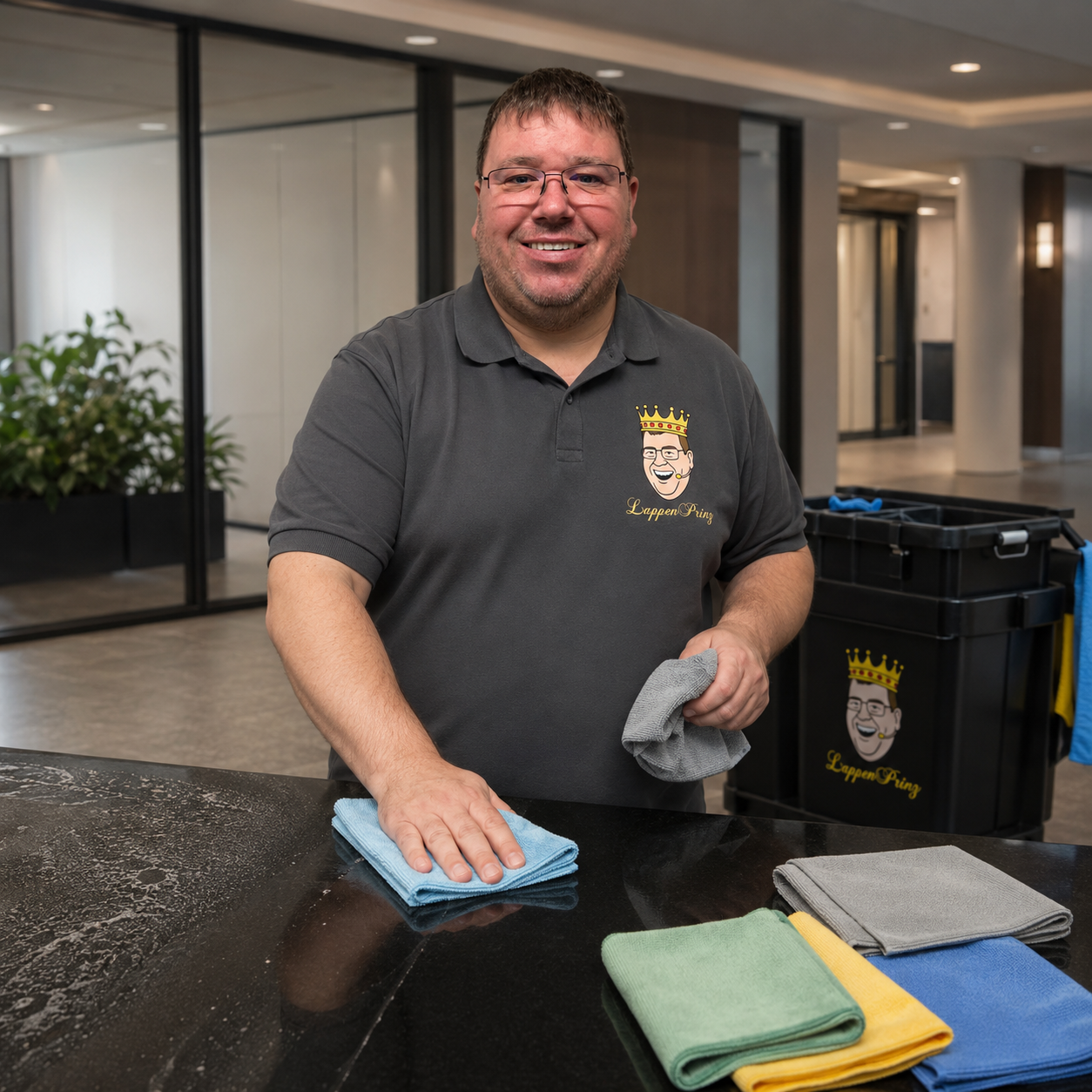 LappenPrinz mit Reinigungstüchern für Glas, Oberflächen, Hygiene und starke Verschmutzung in der professionellen Reinigung