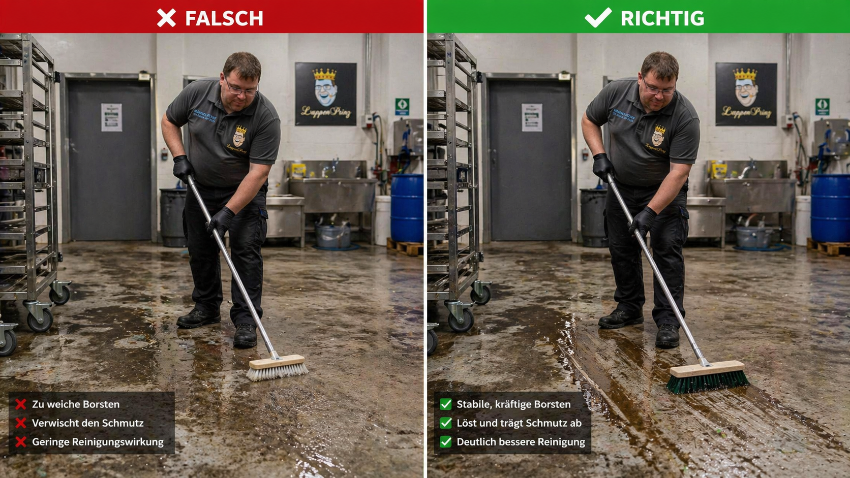 Vergleich zwischen falschem und richtigem Schrubber für gewerbliche Bodenreinigung