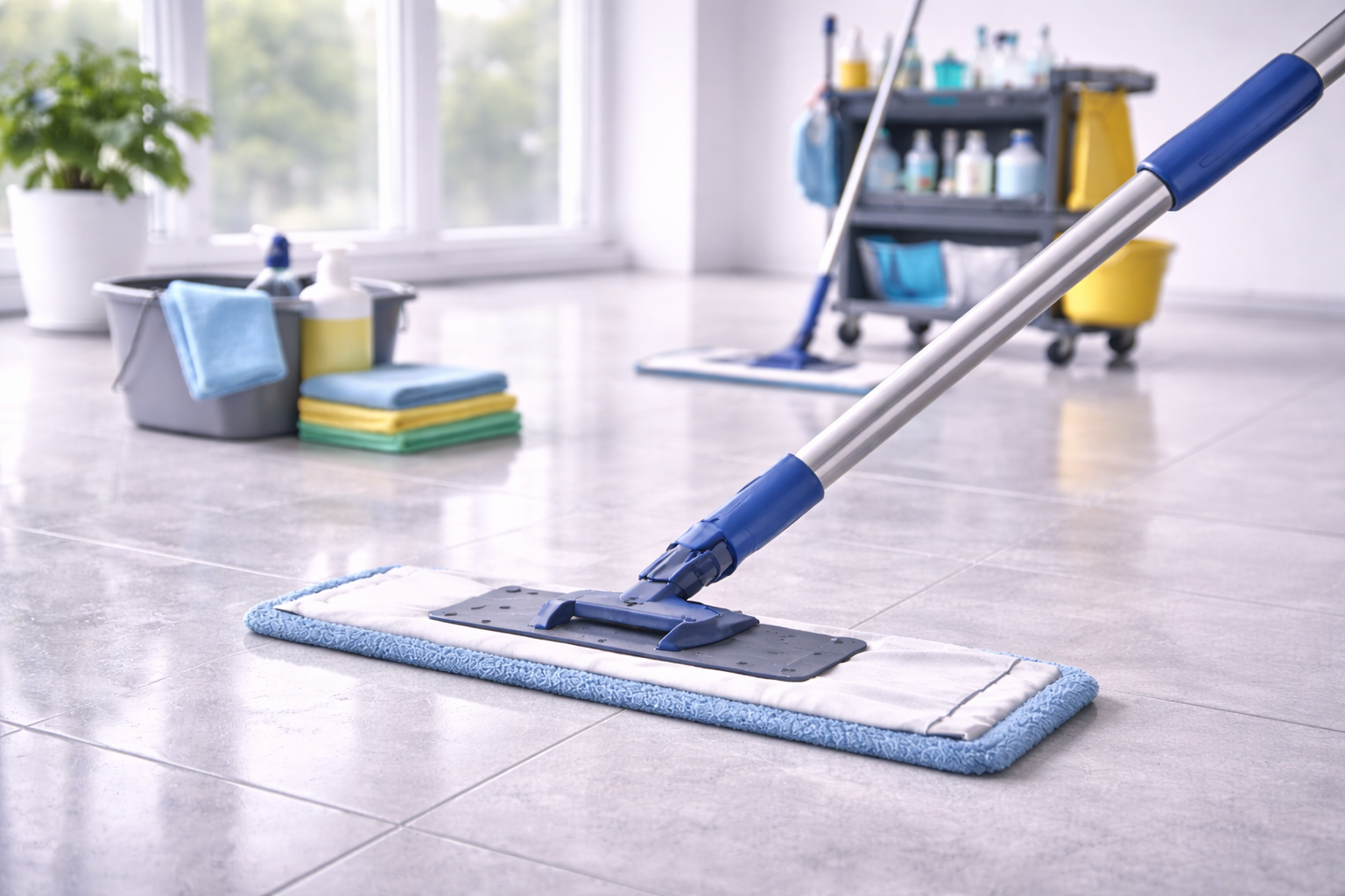 Stiel für Klapphalter im professionellen Reinigungseinsatz mit ergonomischer Arbeitshaltung