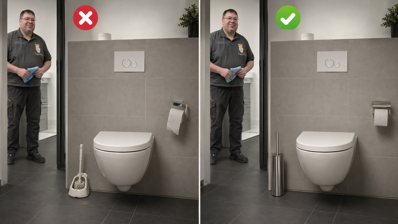 Vergleich zwischen falscher und richtiger WC-Garnitur für gewerbliche Sanitärreinigung
