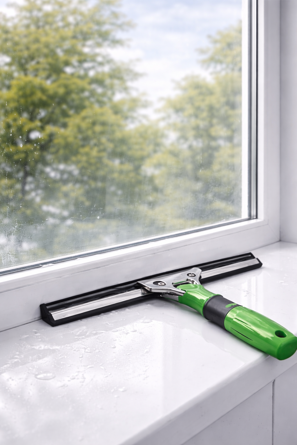 Saubere und streifenfreie Fenster nach Reinigung mit passendem Wischergummi