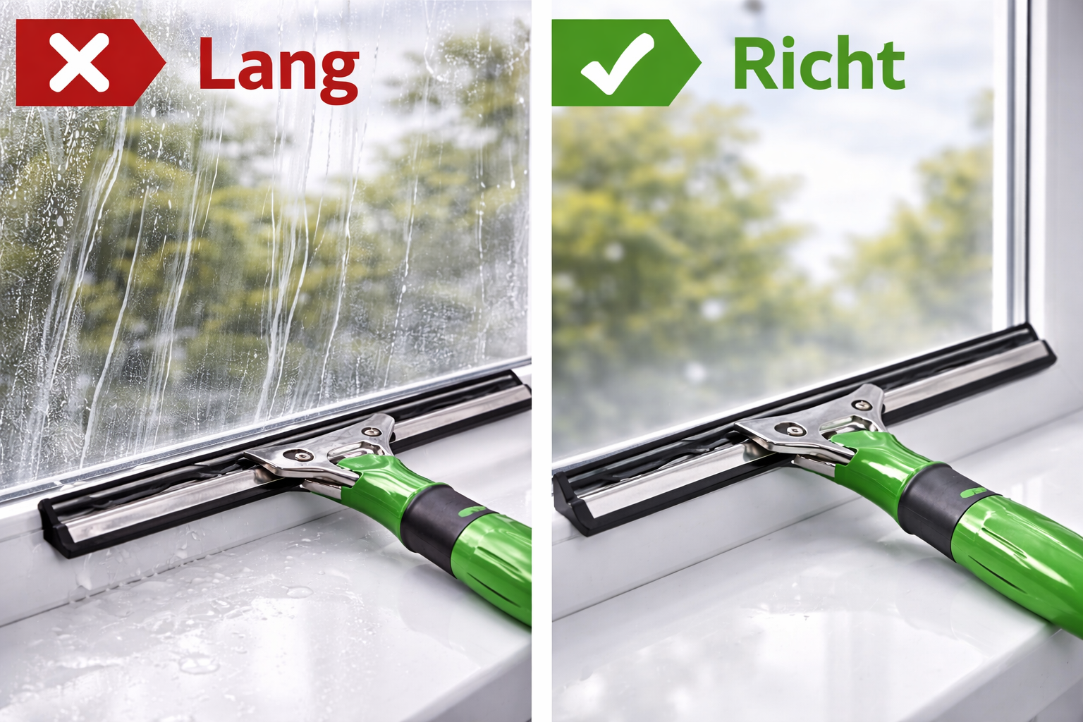 Vergleich zwischen verschlissenem und passendem Wischergummi bei der Fensterreinigung