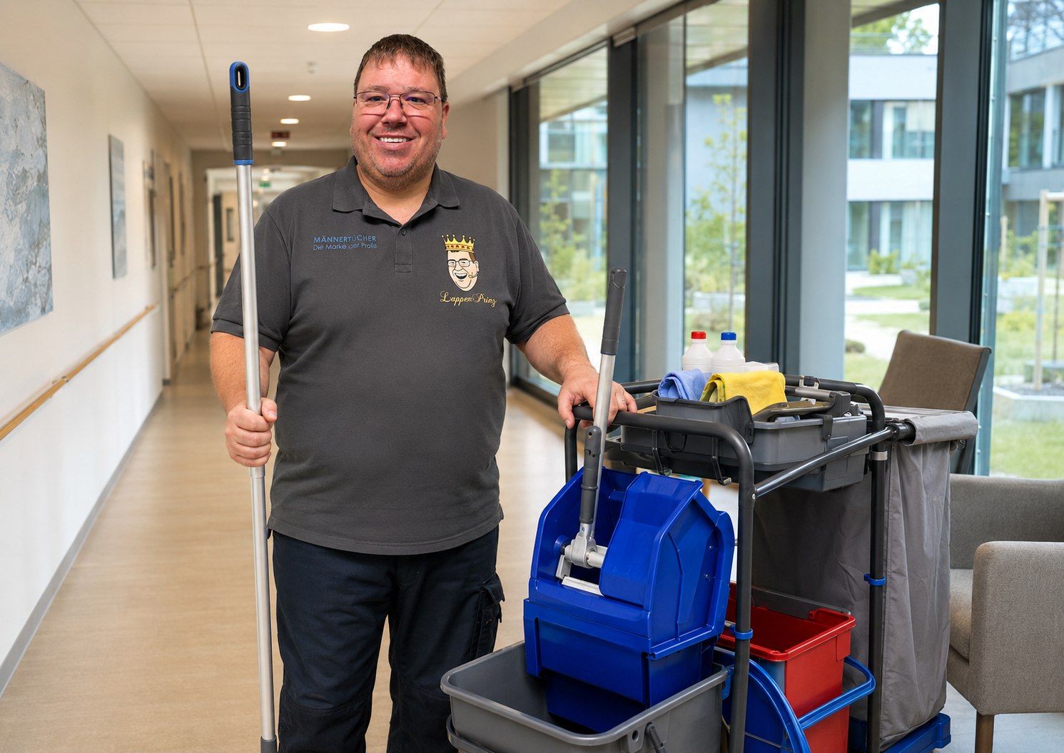 Wischwagen für professionelle Bodenreinigung mit LappenPrinz, Mopppresse und Zubehör in der Gebäudereinigung